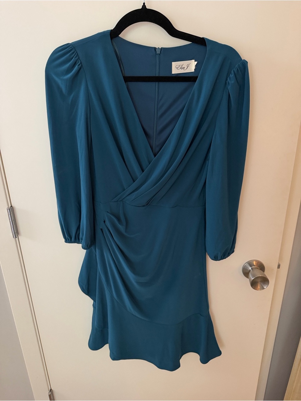 Elan Teal Faux-Wrap Mini Dress with Puff Sleeves and Ruffle Hem